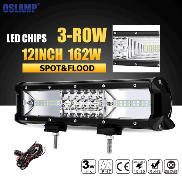 Oslamp 12inch 3-row 162W LED Light Bar Offroad Beam Combo Led Work Light Bar Driving Lamp Truck SUV ATV 4x4 4WD 12v 24v Led Bar