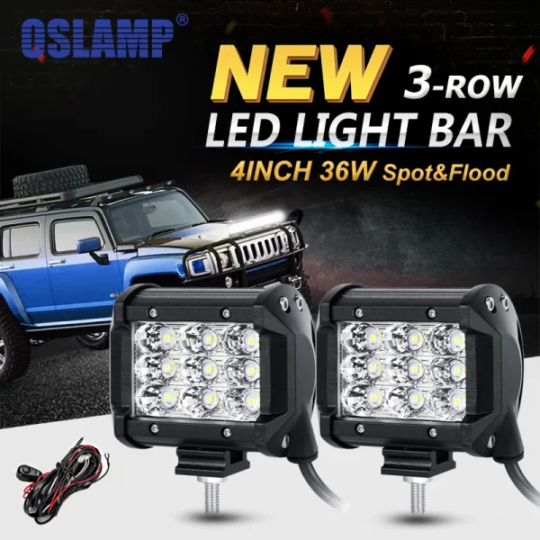 Oslamp 2PCS 4" 36W 3-Row Flood Spot Beam Led Work Light Bar Offroad Led Driving Lamp 12v 24v for Trucks SUV ATV 4x4 4WD Led Bar