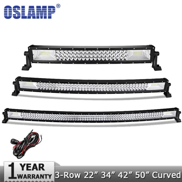 Oslamp 3-Row 22" 324W 34" 486W 42" 594W 52" 702W Curved LED Light Bar Offroad Led Bar Spot Flood Beam Led Work Light Bar 12v 24v