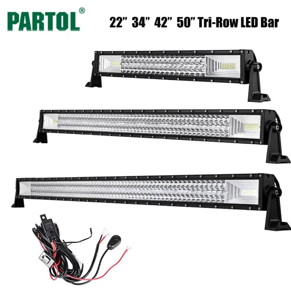 Partol 22" 34" 42" 50" Straight Curved Tri-Row LED Light Bar Combo Beam Offroad Work Light 4WD 4x4 LED Bar Camper Trailer ATV