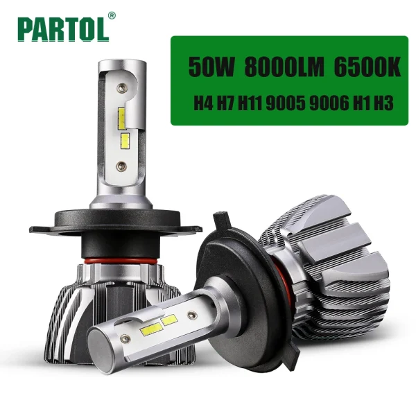 Partol H4 Hi Lo Beam Car LED Headlight Bulbs 50W 8000LM H7 H11 9005 9006 H1 H3 LED Automobile Headlamp Front Light 6500K 12V 24V