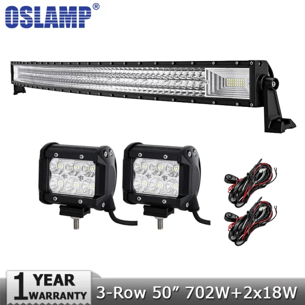 Oslamp 50" 702W 3-Row Curved LED Light Bar Offroad+2x18W Spot Flood Beam Led Work Light for 12v 24v Truck ATV SUV Pickup 4WD 4x4